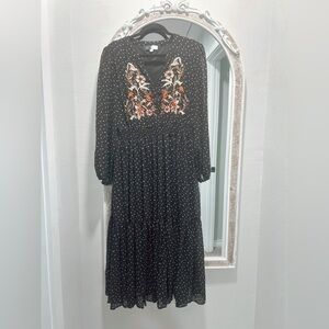 Black Floral Embroidered V-Neck Dress